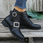 Rhinestone Buckle Comfy Ankle Booties Oshnow